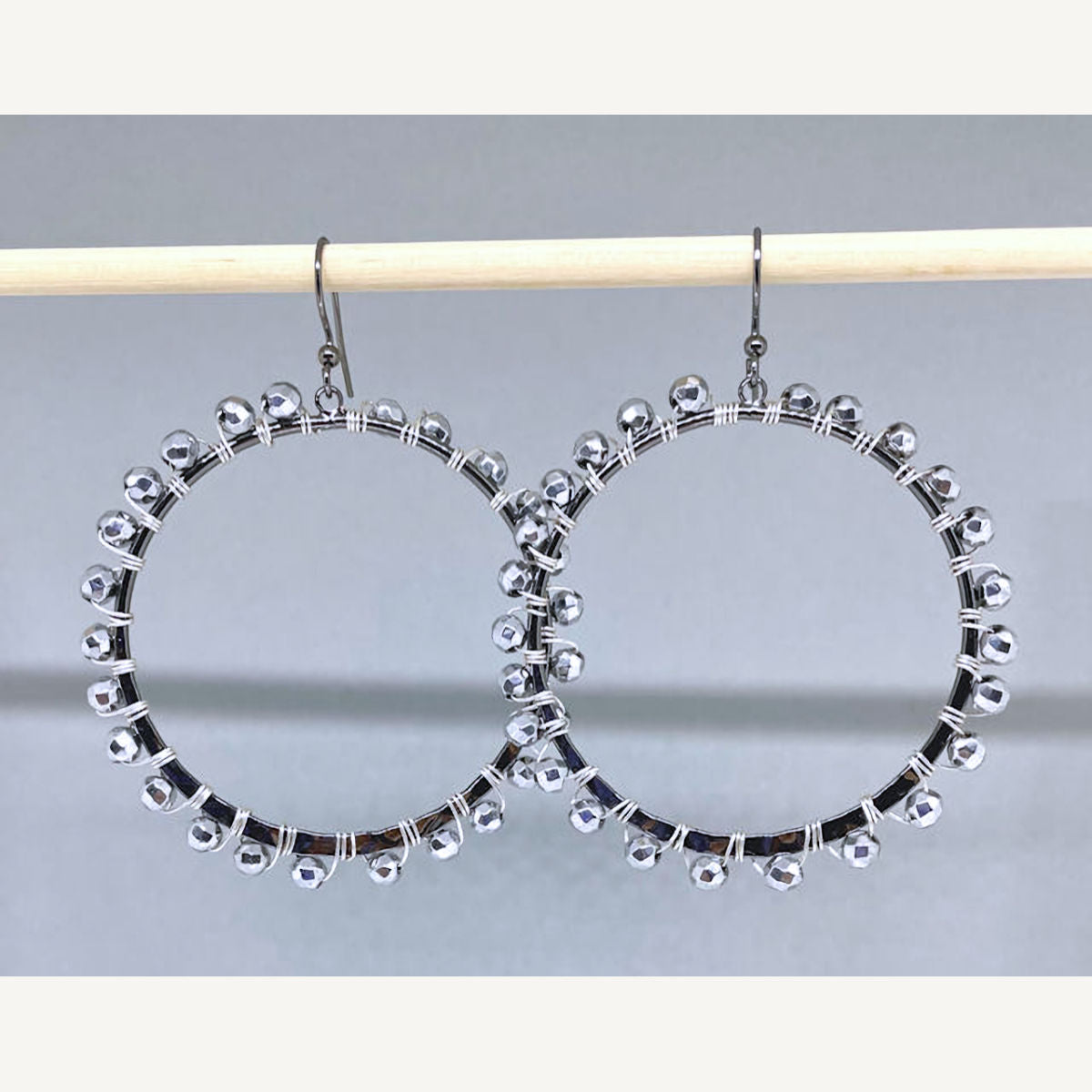 Gun Metal Hoop Earrings with Faceted Hematite Beads
