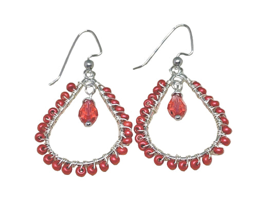 Tear Drop Earrings with hand-wrapped Matte Red Seed Beads