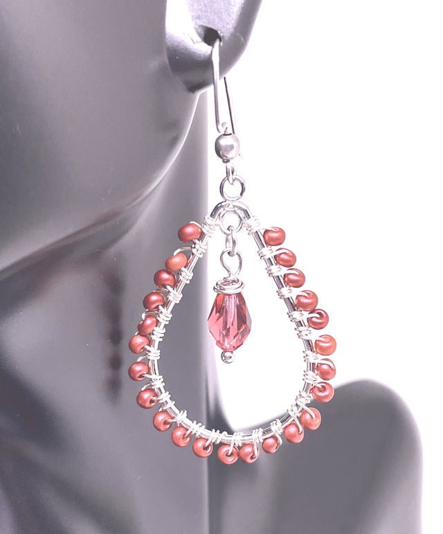 Tear Drop Earrings with hand-wrapped Matte Red Seed Beads