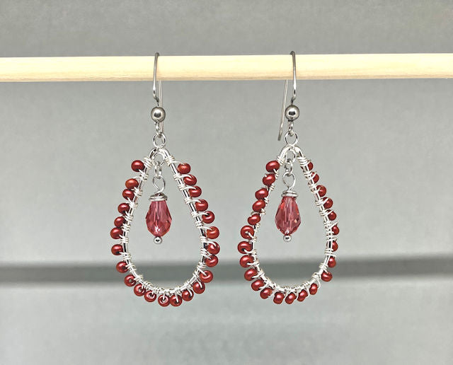 Tear Drop Earrings with hand-wrapped Matte Red Seed Beads