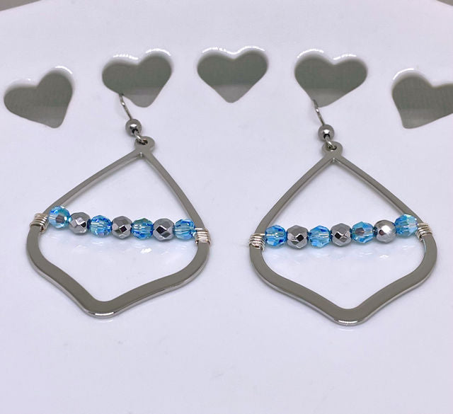 Silver Geometric Dangle Earrings accented with Wire Wrap Crystal Beads