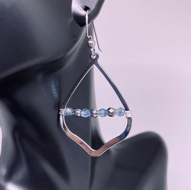 Silver Geometric Dangle Earrings accented with Wire Wrap Crystal Beads