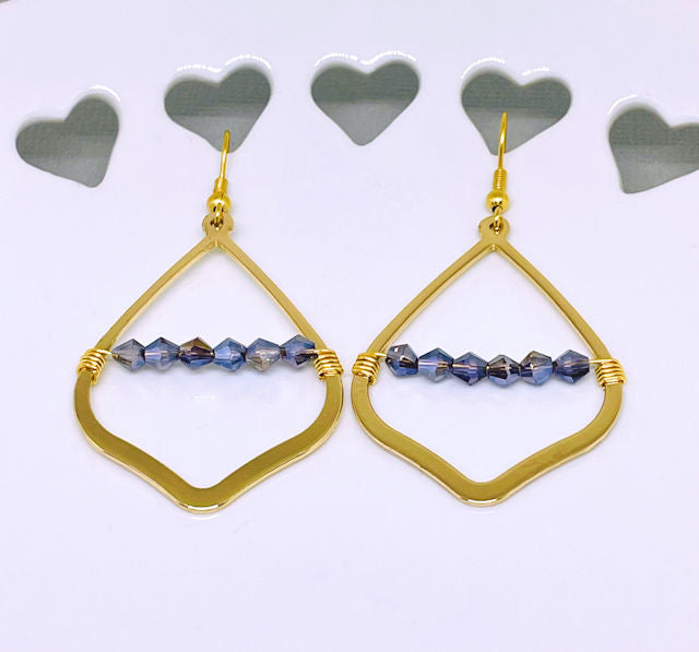 Gold Geometric Dangle Earrings accented with Wire Wrap Faceted Multi-Color Beads