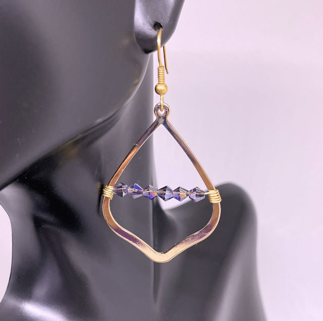 Gold Geometric Dangle Earrings accented with Wire Wrap Faceted Multi-Color Beads