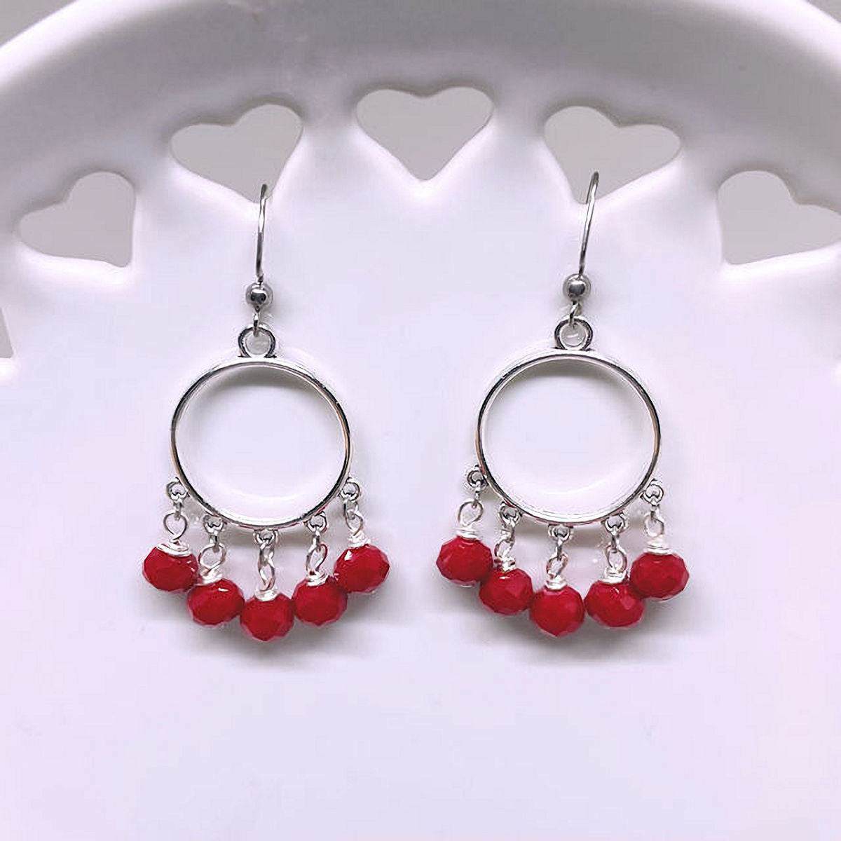 2" Dangling Earrings with Faceted Opaque Red Beads