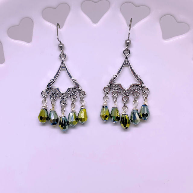 Filigree Earrings with Faceted Teardrop Electroplated Greenish Yellow Beads
