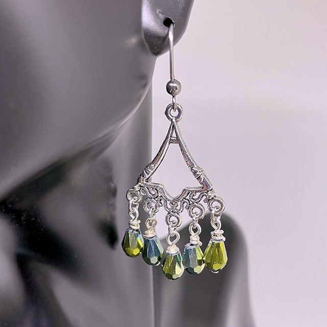Filigree Earrings with Faceted Teardrop Electroplated Greenish Yellow Beads