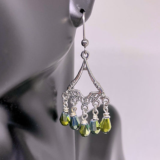 Filigree Earrings with Faceted Teardrop Electroplated Greenish Yellow Beads