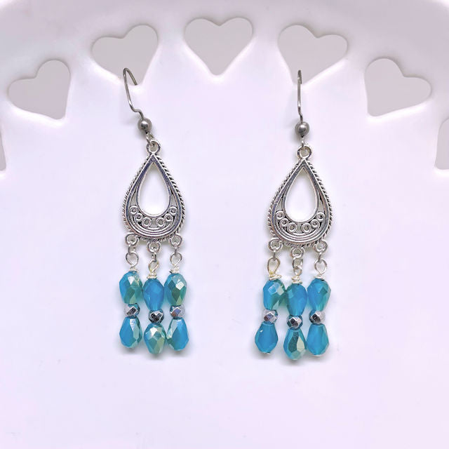 Tear Drop Filigree Earrings with Faceted Blue Beads