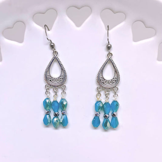 Tear Drop Filigree Earrings with Faceted Blue Beads