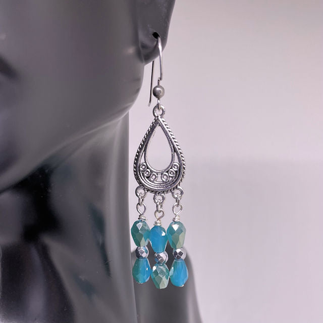 Tear Drop Filigree Earrings with Faceted Blue Beads
