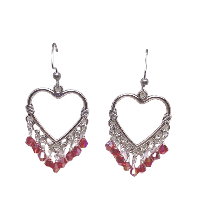 Heart Dangling Earrings with Faceted Siam Bicone Crystal Beads