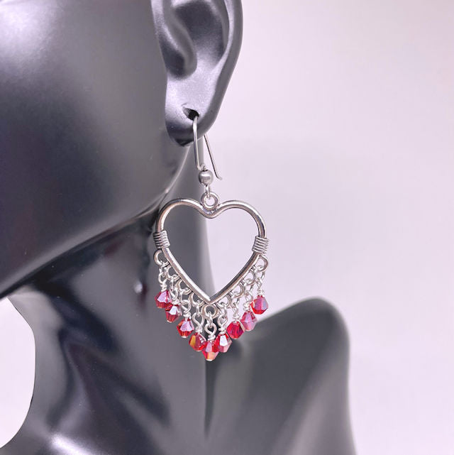 Heart Dangling Earrings with Faceted Siam Bicone Crystal Beads
