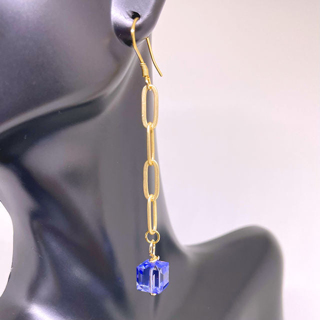 Dangling Gold Plated Matte Paper Clip Earrings with Cube Tanzanite Crystal