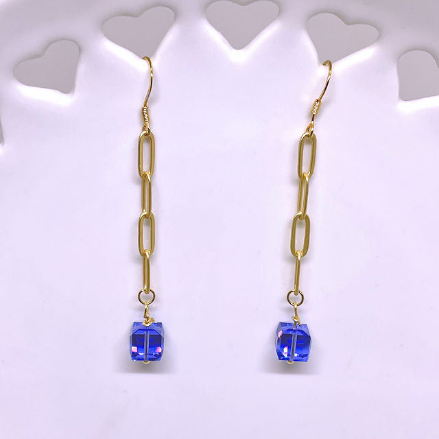 Dangling Gold Plated Matte Paper Clip Earrings with Cube Tanzanite Crystal
