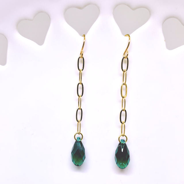 Dainty Gold Plated Paper Clip Earrings with Faceted Emerald Brio Crystal