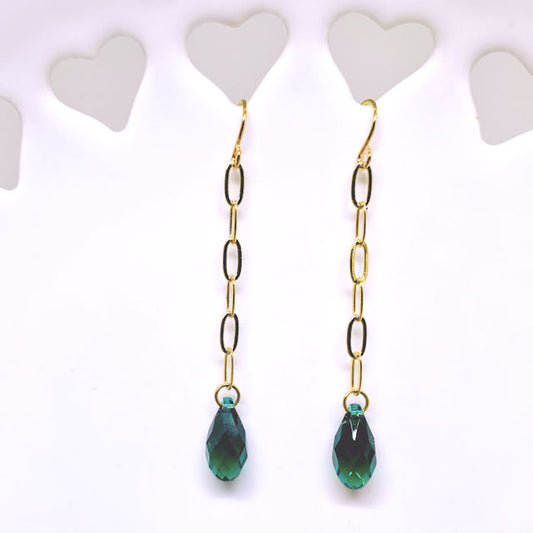 Dainty Gold Plated Paper Clip Earrings with Faceted Emerald Brio Crystal