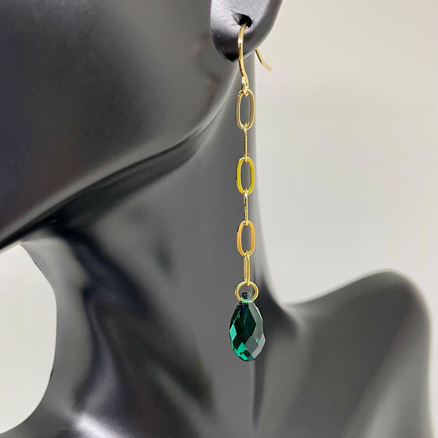Dainty Gold Plated Paper Clip Earrings with Faceted Emerald Brio Crystal