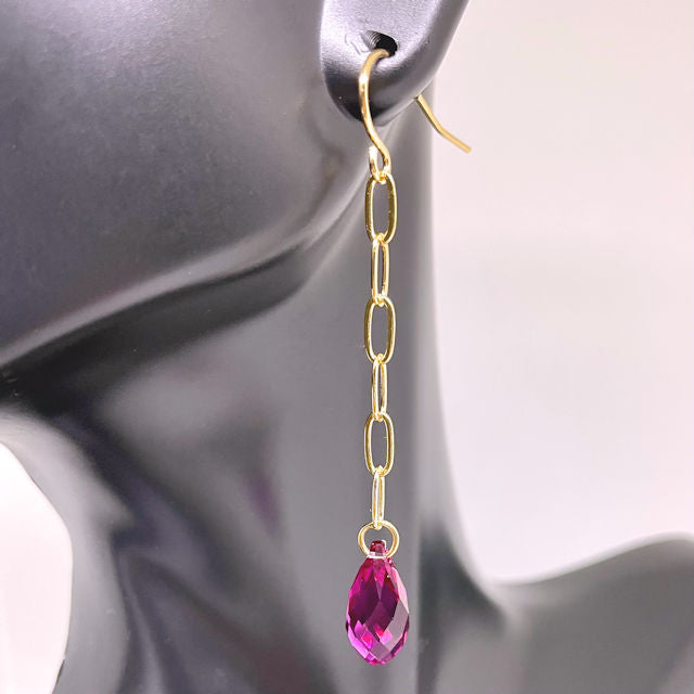 Gold Plated Paper Clip Earrings with Faceted Fuchsia Brio Crystal