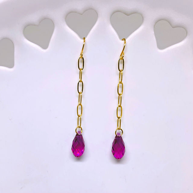 Gold Plated Paper Clip Earrings with Faceted Fuchsia Brio Crystal