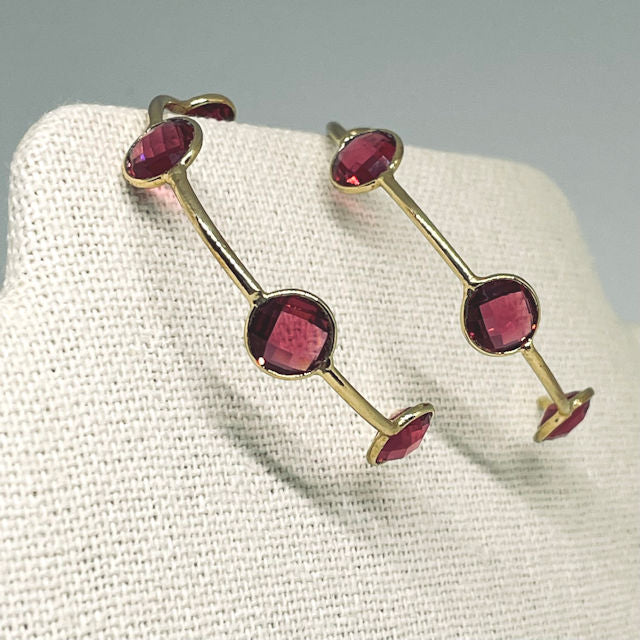Ruby Quartz Half Hoop Earrings with 18 Gold Plated Metal