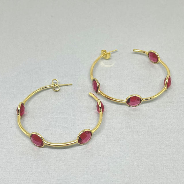 Ruby Quartz Half Hoop Earrings with 18 Gold Plated Metal