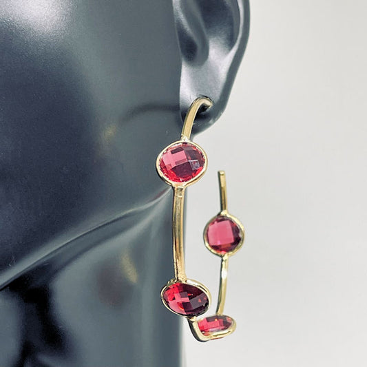 Ruby Quartz Half Hoop Earrings with 18 Gold Plated Metal