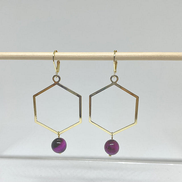 Geometric Shape dangling earrings accented with Purple Tiger Eye Bead