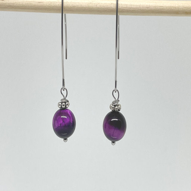 Stainless Steel V Shape Ear Wire accented with Purple Tiger Eye bead