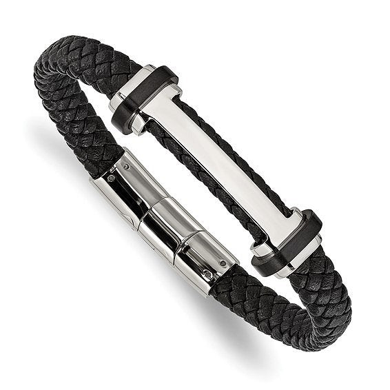 Braided Black Leather Bracelet Accented with Stainless Steel