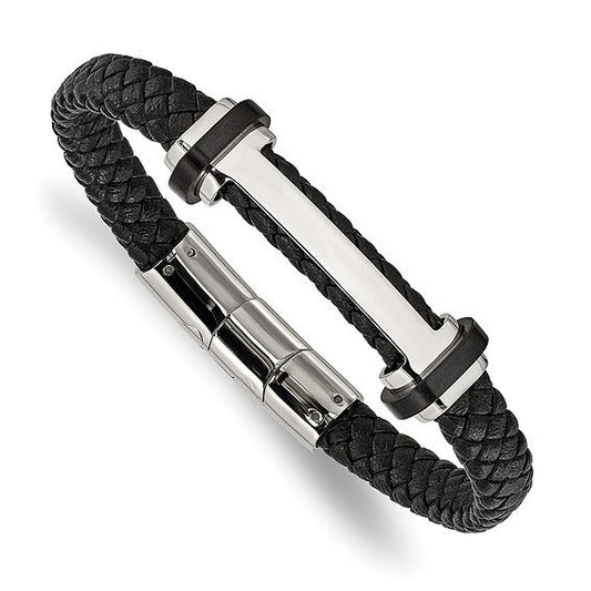 Braided Black Leather Bracelet Accented with Stainless Steel