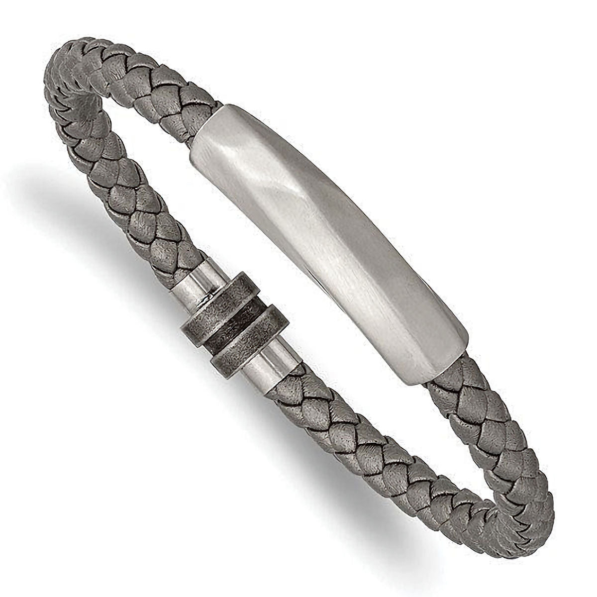 Stainless Steel Antiqued and Brushed Grey Leather Bracelet