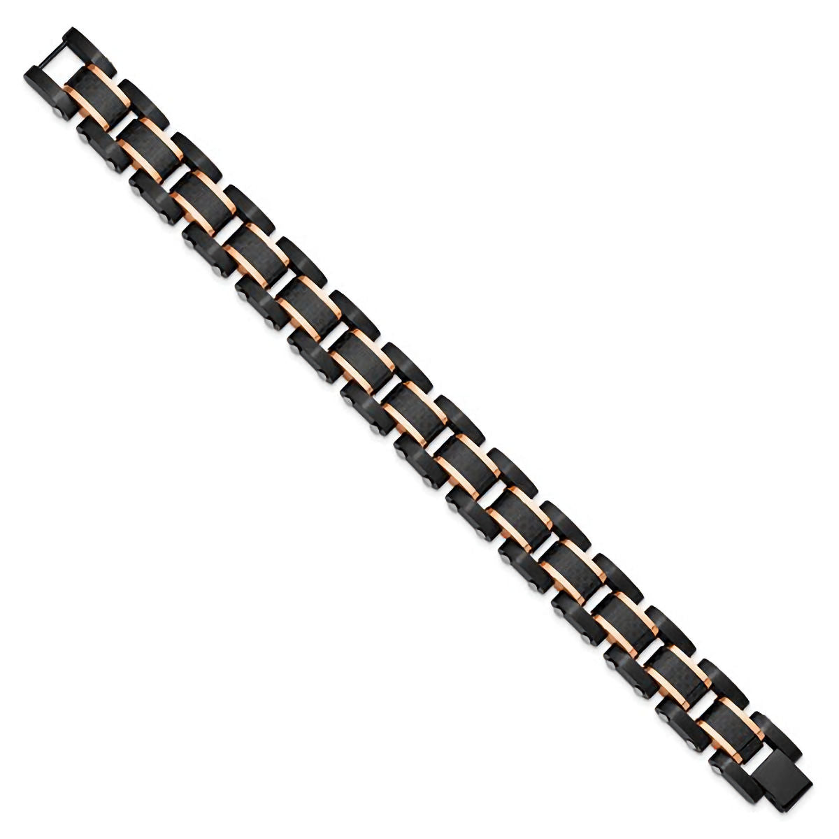 Stainless Steel Brushed & Polished Black & Rose IP-Plated Carbon Fiber Inlay Link Bracelet 8.5"