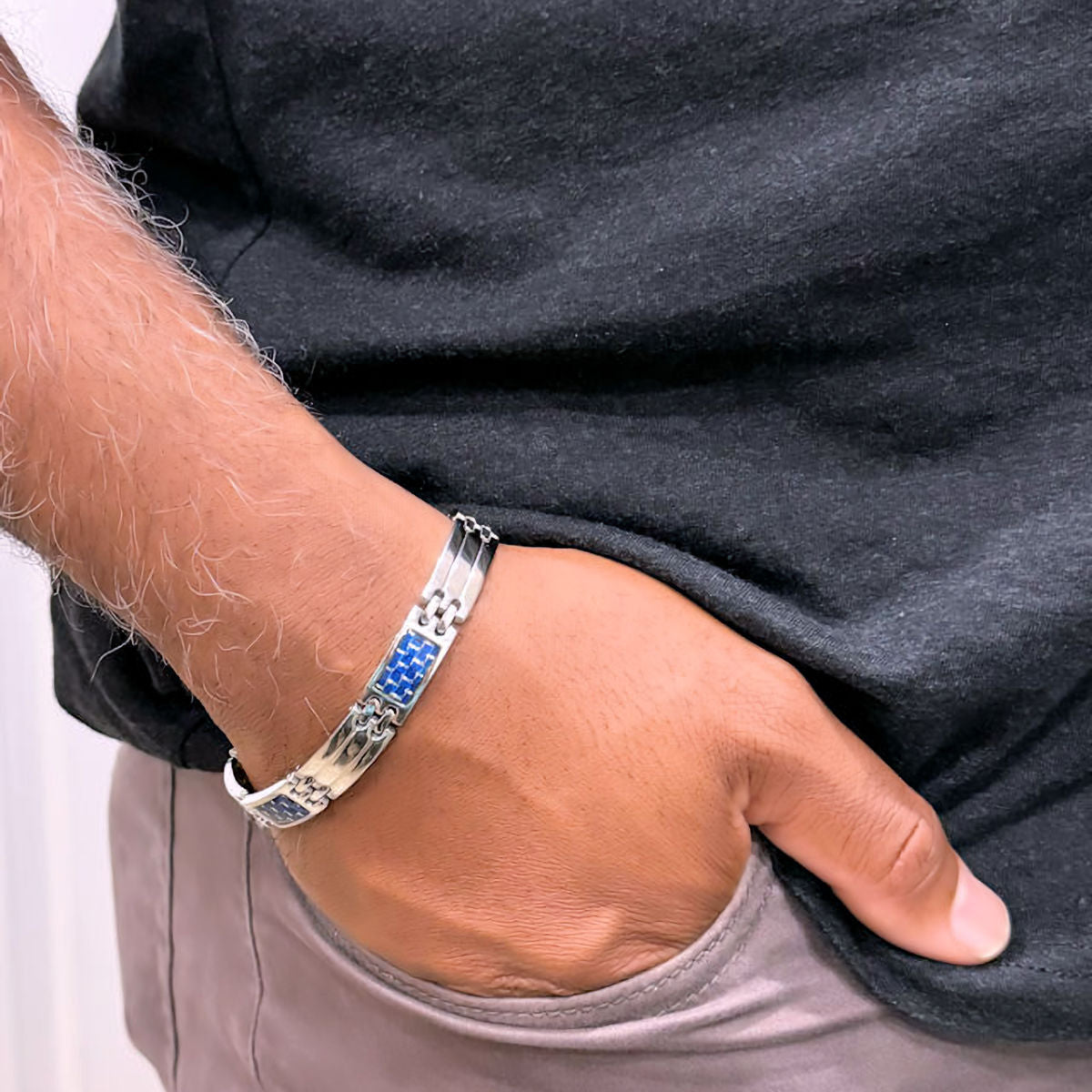 Blue Carbon Fiber Inlay Stainless Steel Bracelet