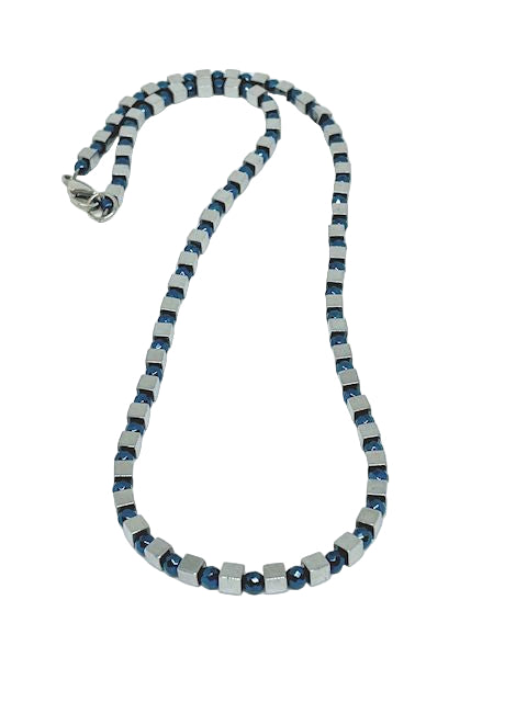 Cube-Shaped Silver Hematite Necklace with Metallic Blue Bead Accents