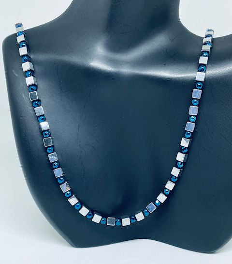 Cube-Shaped Silver Hematite Necklace with Metallic Blue Bead Accents