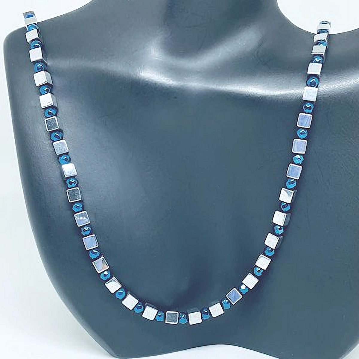 Cube-Shaped Silver Hematite Necklace with Metallic Blue Bead Accents