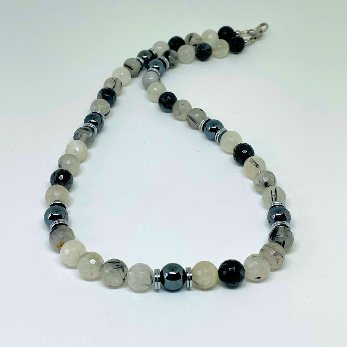 20" Black Rutilated Beaded Necklace with Rondelle Hematite Spacers & Dark Gray Hematite Focal Bead