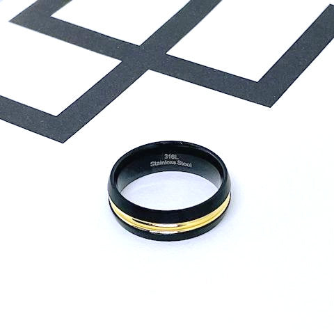 Black Stainless Steel Ring with Gold Striped Band