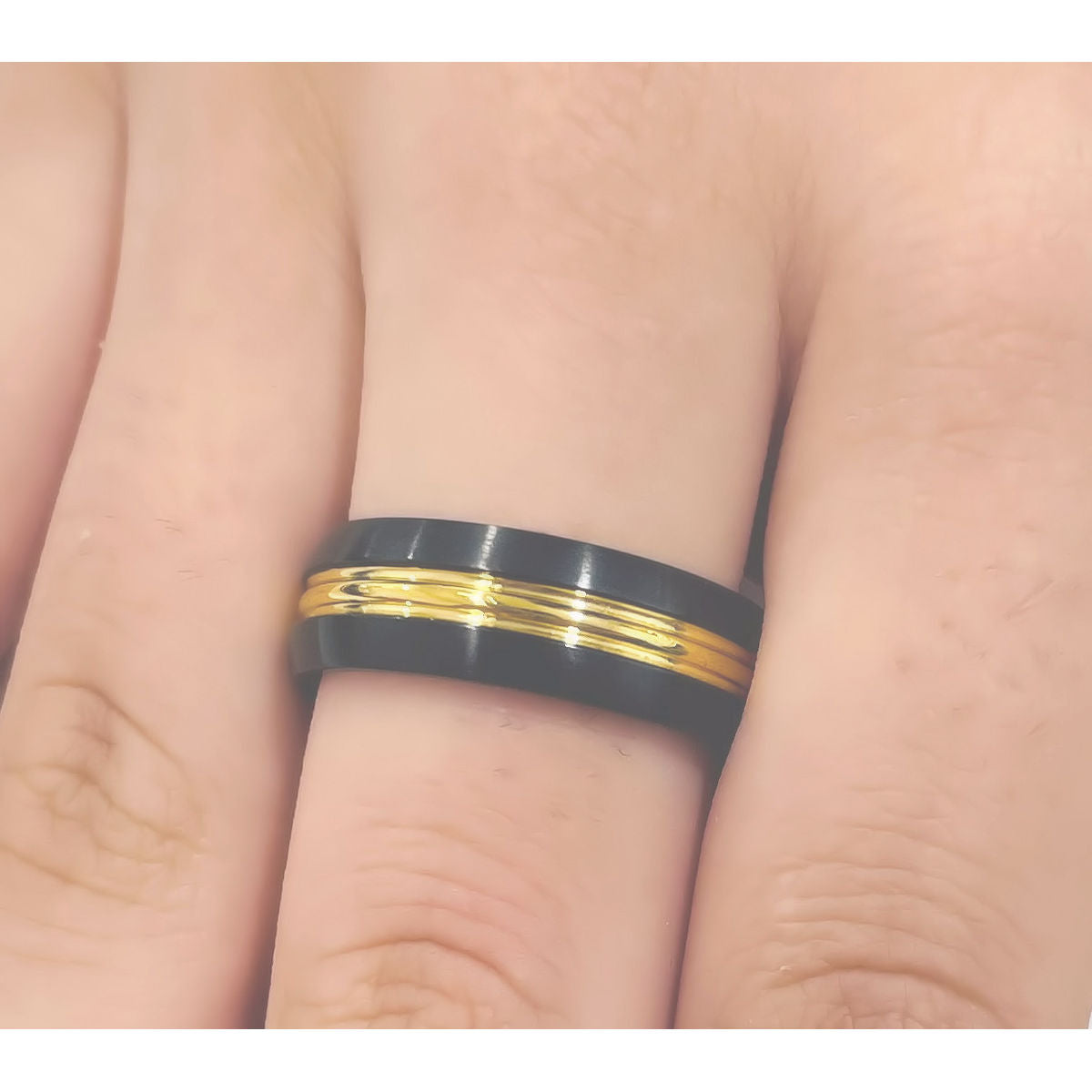 Black Stainless Steel Ring with Gold Striped Band