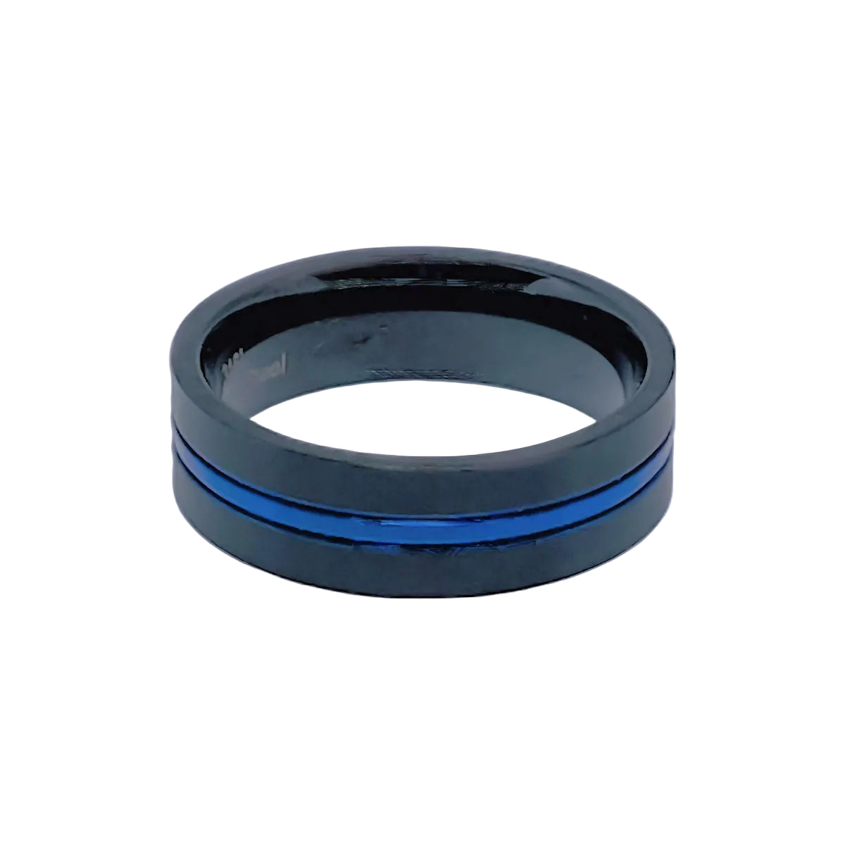 Black Stainless Steel Ring with Blue Striped Band