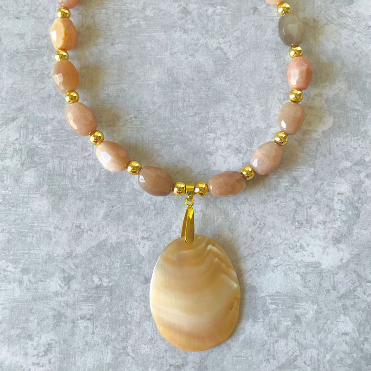 Elegant 20" Multi-Moonstone Necklace with Gold Hematite Beads & Mother-of-Pearl Pendant