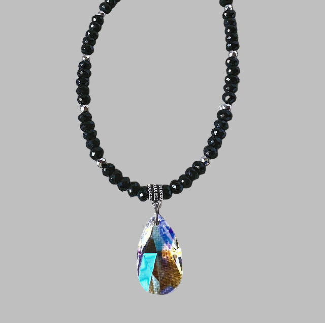 18 1/2"  Black Spinel Necklace with Crystal Pendant | Elegant Jewelry