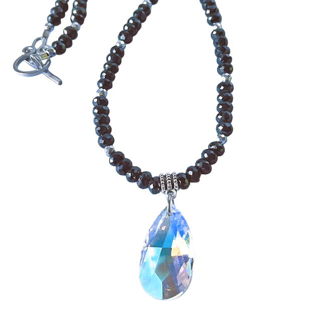 18 1/2"  Black Spinel Necklace with Crystal Pendant | Elegant Jewelry