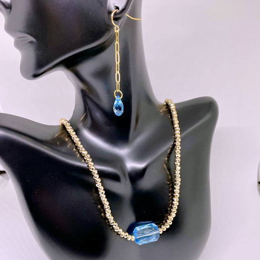 Gold Faceted Hematite Necklace with Blue Rectangle Crystal and Drop Earrings with Blue Crystal