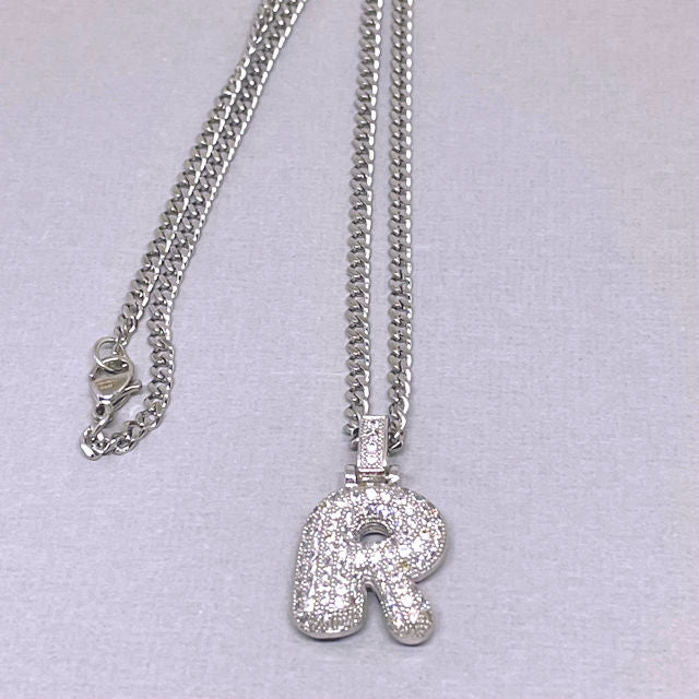 Pave Puff "R" Initial Necklace with Stainless Steel Chain