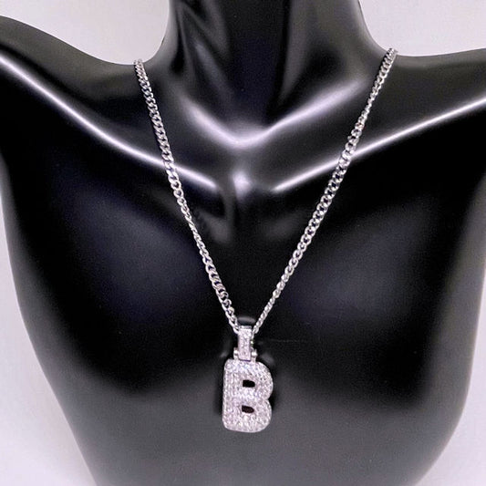 Pave Puff Initial "B" Necklace with Stainless Steel Chain