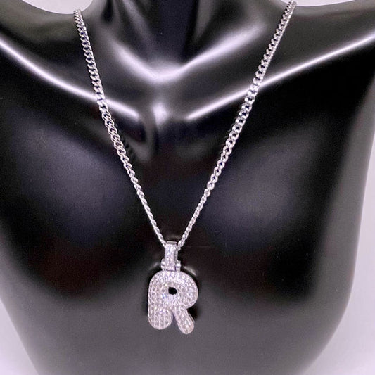 Pave Puff "R" Initial Necklace with Stainless Steel Chain