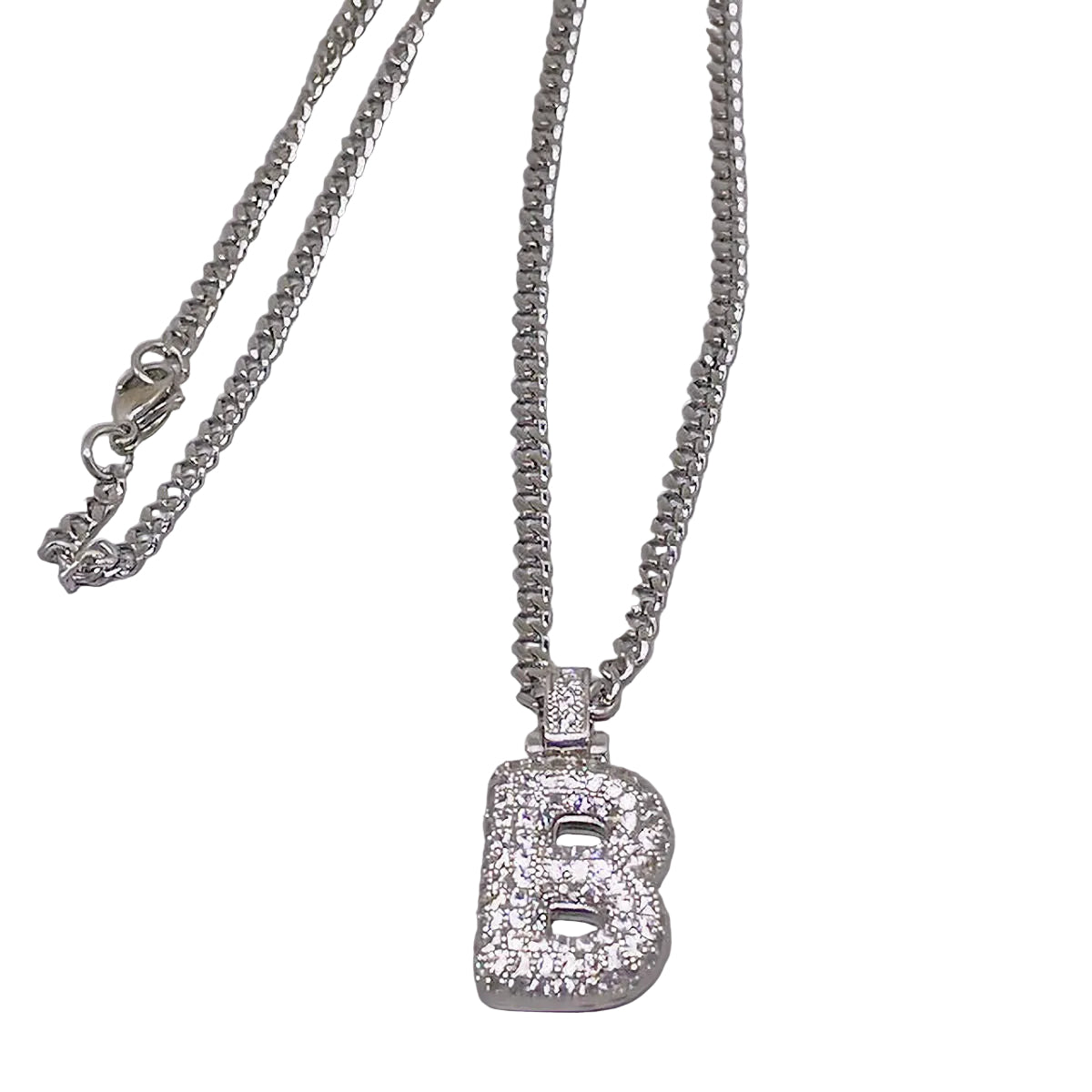 Pave Puff Initial "B" Necklace with Stainless Steel Chain