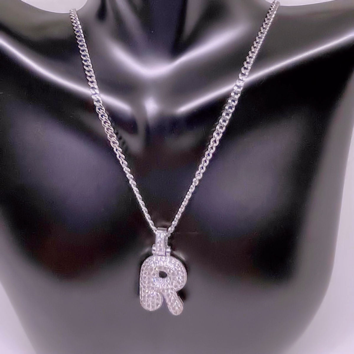 Pave Puff "R" Initial Necklace with Stainless Steel Chain